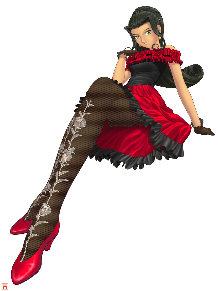itsuki torii, soletta orihime, sakura taisen, sakura taisen ii, 00s, black hair, dark-skinned female, dark skin, dress, earrings, fishnet pantyhose, fishnets, gloves, green eyes, high heels, jewelry, long hair, pantyhose, ponytail, shoes, solo