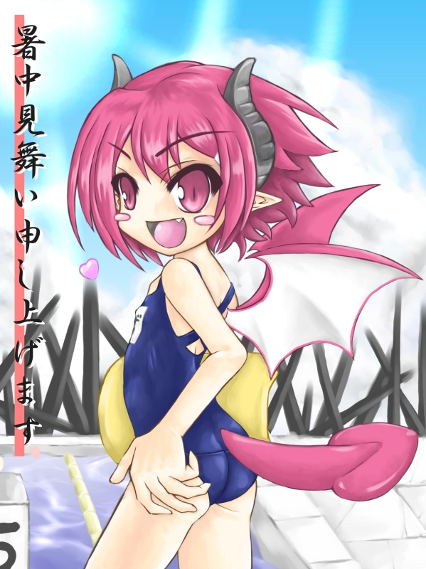 akasha, raspberyl, disgaea, makai senki disgaea 3, bad id, bad pixiv id, translation request, bat wings, blush, fang, horns, one-piece swimsuit, pink eyes, pink hair, school swimsuit, solo, swimsuit, tail, wings