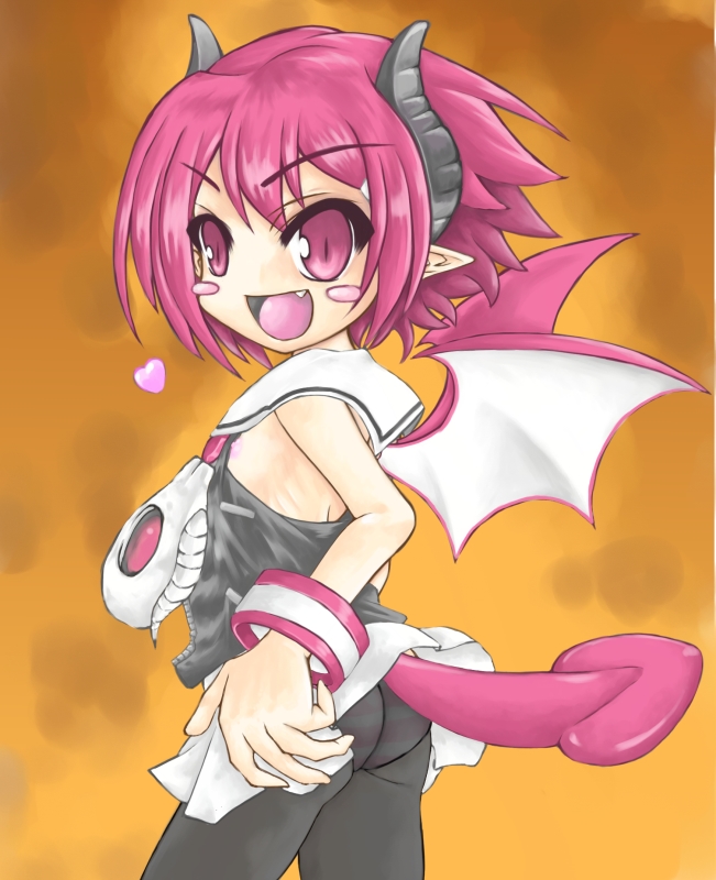 akasha, raspberyl, disgaea, makai senki disgaea 3, bad id, bad pixiv id, 1girl, bat wings, blush, breasts, female focus, horns, nipple slip, nipples, panties, panties under pantyhose, pantyhose, pantyshot, pink eyes, pink hair, skirt, small breasts, solo, striped clothes, striped panties, tail, underwear, upskirt, wings