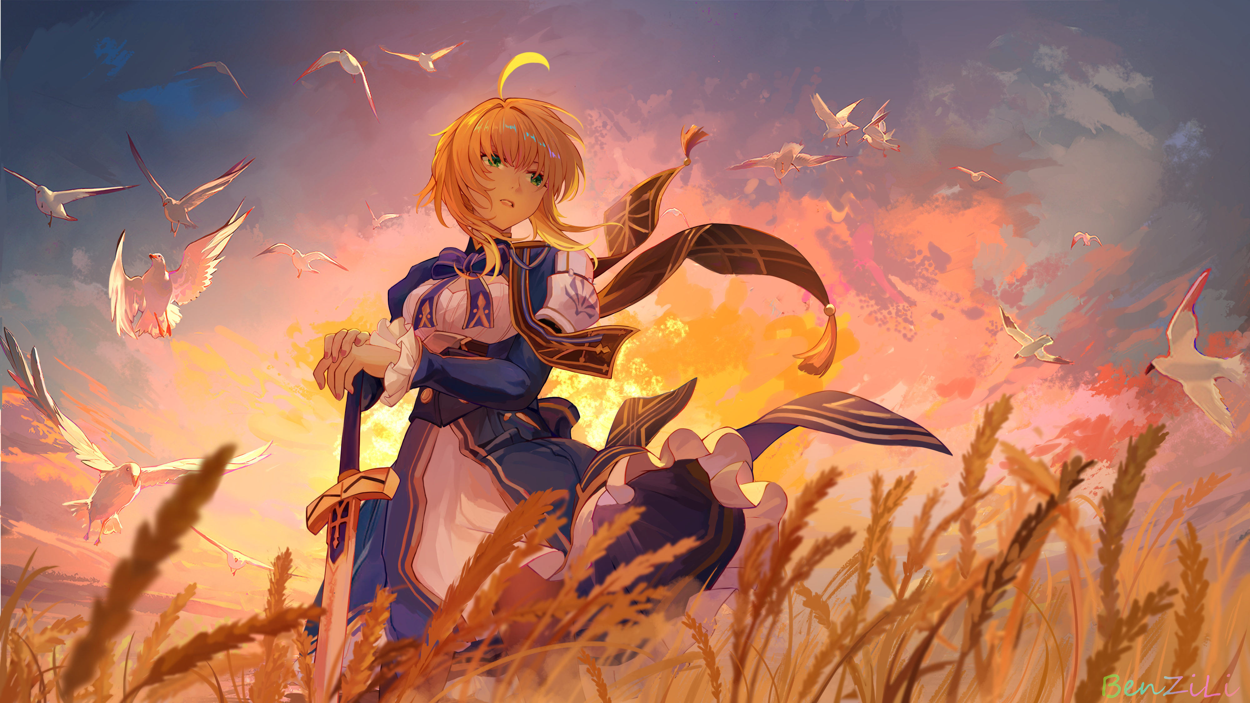 benzi li, artoria pendragon (fate), saber (fate), saber (honkai: star rail) (fate), fate/stay night, fate/unlimited blade works, fate (series), honkai: star rail, honkai (series), absurdres, commentary request, highres, 1girl, ahoge, armor, bird, blonde hair, blue bow, blue bowtie, blue dress, bow, bowtie, breasts, cowboy shot, dress, excalibur (fate/stay night), green eyes, hands on hilt, long sleeves, medium breasts, outdoors, parted lips, pauldrons, planted, planted sword, planted weapon, short hair with long locks, shoulder armor, single pauldron, solo, sunset, sword, two-tone dress, weapon, wheat field, white bird, wind