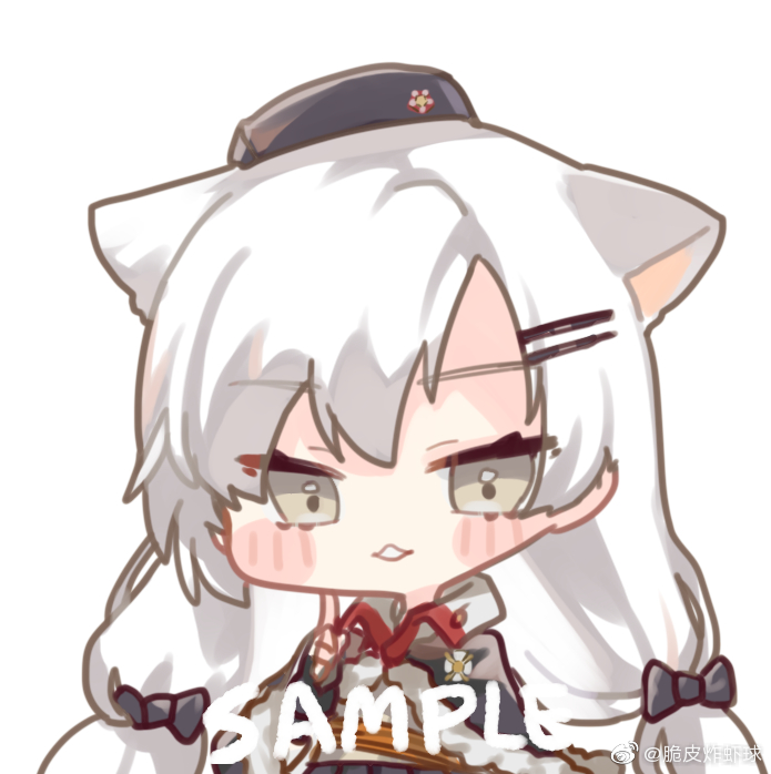 cui pi zha xia qiu, svd (girls' frontline), girls' frontline, bad link, 1girl, animal ears, blush, bow, cat ears, grey eyes, long hair, open mouth, simple background, solo, twintails, white hair