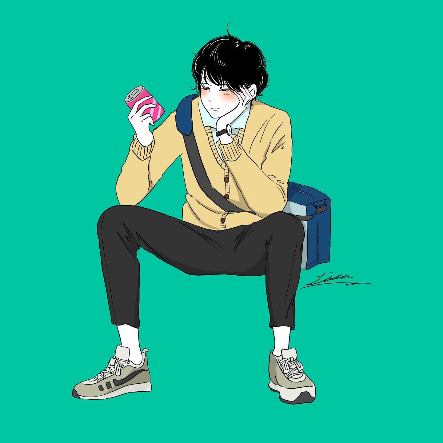 lisa (illustsan430), original, commentary request, highres, 1boy, aqua background, artist name, bag, black hair, black pants, blue bag, blush, can, cardigan, closed mouth, drink can, elbows on knees, full body, grey shoes, half-closed eyes, hands up, head on hand, holding, holding can, invisible chair, long sleeves, looking at object, male focus, pants, shoes, short hair, shoulder bag, signature, simple background, sitting, sneakers, solo, split mouth, spread legs, swept bangs, watch, wristwatch, yellow cardigan