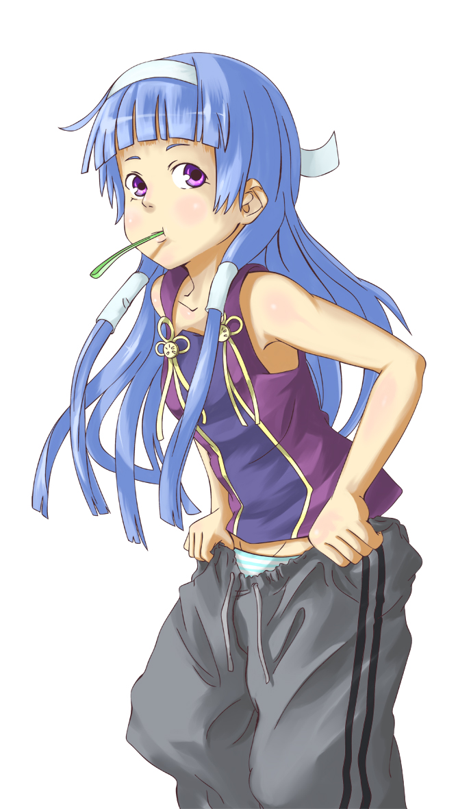 pondel, nagi, kannagi, bad id, bad pixiv id, 00s, 1girl, blue hair, blunt bangs, clothes pull, dressing, female focus, hair tubes, long hair, panties, pants, pants pull, pulling own clothes, purple eyes, solo, striped clothes, striped panties, toothbrush, underwear