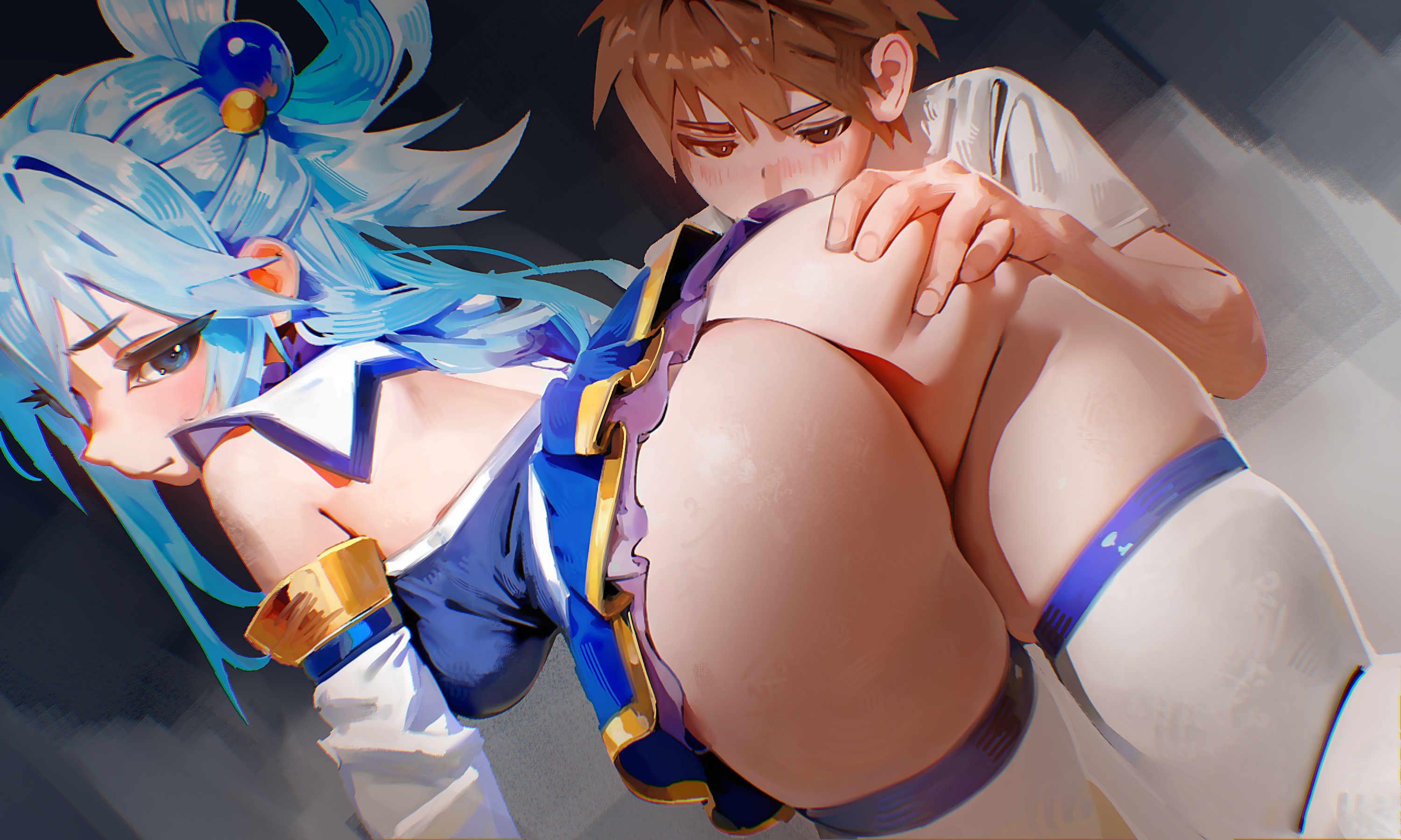 yoko-chan (mijizukeyoko), aqua (konosuba), satou kazuma, kono subarashii sekai ni shukufuku wo!, highres, 1boy, 1girl, ass, blue eyes, blue hair, blue shirt, blue skirt, breasts, detached sleeves, grabbing another's ass, groping, hair rings, hetero, microskirt, no panties, shirt, skirt, thighhighs, white thighhighs