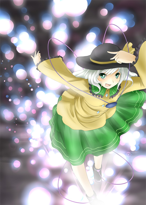 kou (haijindeath), komeiji koishi, touhou, 1girl, danmaku, female focus, green eyes, hat, short hair, skirt, smile, solo, white hair