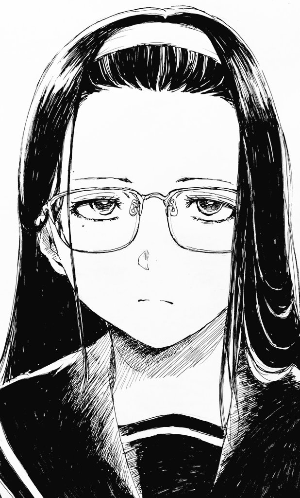 misaki toji, original, 1girl, forehead, glass, headband, long hair, looking at viewer, monochrome, sailor collar, school uniform, semi-rimless eyewear, white background