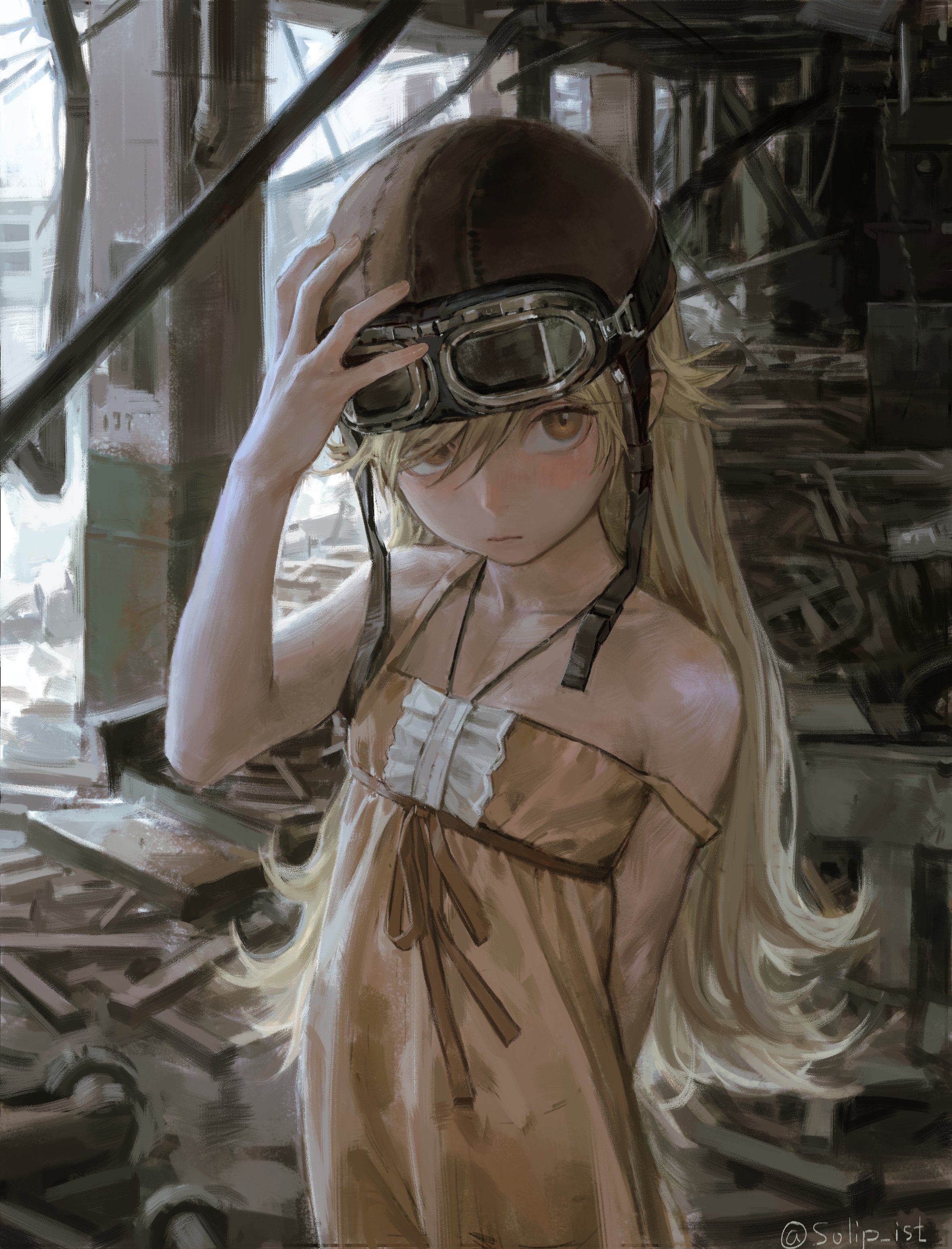 solipsist, oshino shinobu, monogatari (series), absurdres, highres, arm behind back, aviator cap, aviator goggles, bare arms, bare shoulders, blonde hair, center frills, closed mouth, collarbone, cowboy shot, day, dress, dress ribbon, flat chest, frills, goggles, goggles on headwear, halter dress, halterneck, hand on headwear, hand up, helmet, indoors, light blush, long hair, looking at viewer, pointy ears, red dress, red ribbon, ribbon, rubble, sleeveless, sleeveless dress, strap slip, sundress, swept bangs, twitter username, yellow eyes