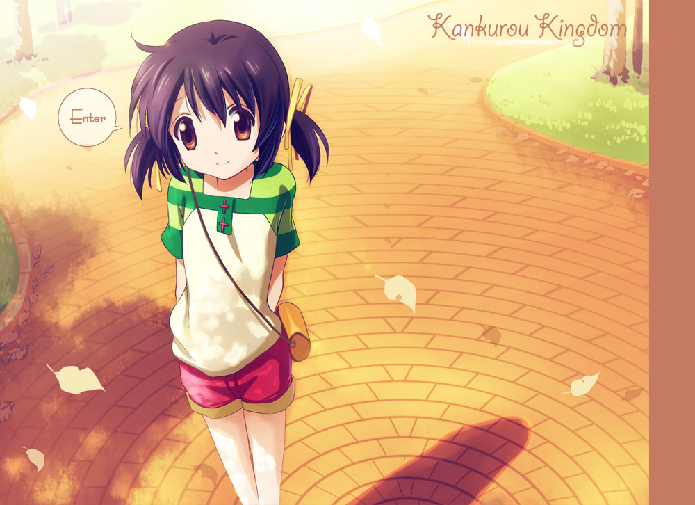 kankurou, sunohara mei, clannad, 00s, 1girl, autumn, autumn leaves, child, english text, falling leaves, female focus, leaf, outdoors, park, raglan sleeves, shorts, solo, speech bubble
