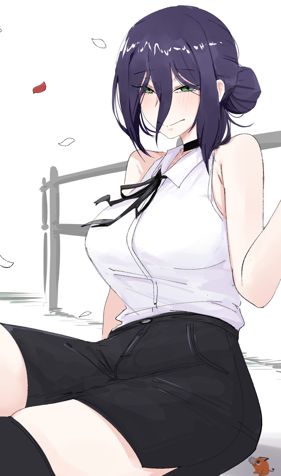 cheng anderson, pochita (chainsaw man), reze (chainsaw man), chainsaw man, highres, 1girl, black choker, black ribbon, black shorts, black thighhighs, breasts, choker, closed mouth, collared shirt, green eyes, hair between eyes, hair bun, large breasts, neck ribbon, petals, purple hair, ribbon, shirt, shirt tucked in, shorts, sleeveless, sleeveless shirt, smile, solo, thighhighs, white shirt