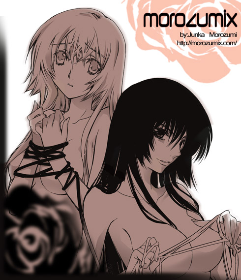 morozumi junka, original, 2girls, bdsm, bondage, bound, bound wrists, monochrome, multiple girls, topless female