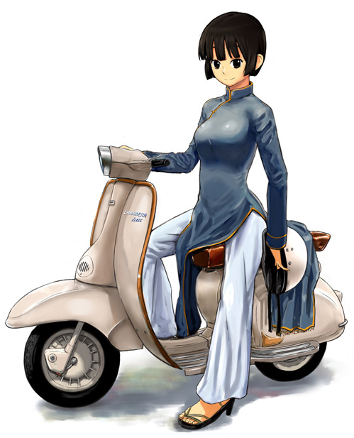 miyatsuka ringorou, miyatsukaringorou, original, vespa, vehicle, 1girl, ao dai, black eyes, black hair, bob cut, dress, female focus, helmet, holding, holding unworn helmet, motor vehicle, sandals, scooter, short hair, smile, solo, unworn headwear, unworn helmet, white background