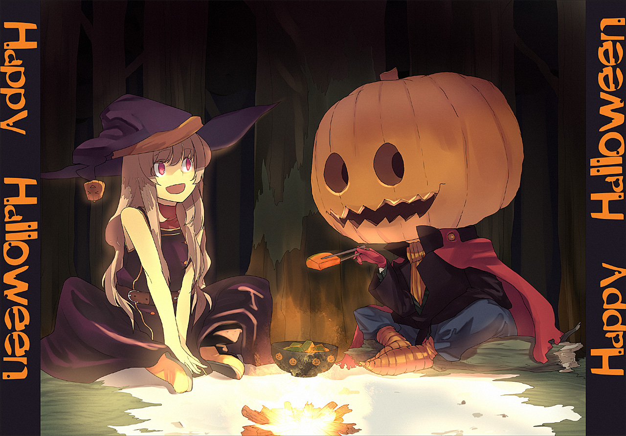 hama (22ji kara 24ji), original, 1girl, halloween, happy halloween, hat, jack-o'-lantern, pumpkin, witch hat