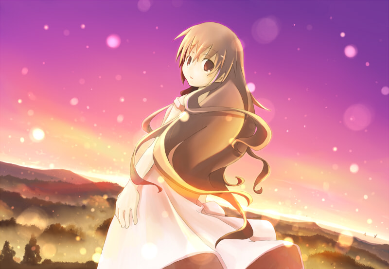 nabana, girl from the illusionary world, clannad, original, 00s, brown hair, long hair, red eyes, sky, very long hair