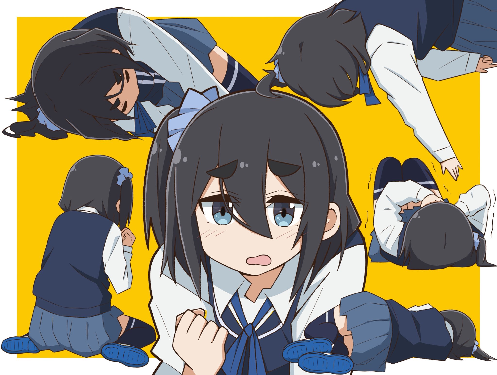 kazuemon, amamiya satsuki (mono), mono (afro), highres, 1girl, black hair, blue eyes, blue ribbon, blue shoes, blue skirt, blue sweater vest, blue thighhighs, full body, hair between eyes, hair ornament, hair scrunchie, long sleeves, lying, medium hair, multiple views, neck ribbon, on side, one side up, open mouth, pleated skirt, ribbon, school uniform, scrunchie, shirt, shoes, simple background, sitting, skirt, solo, squiggle, sweater vest, thick eyebrows, thighhighs, wariza, white shirt, yellow background