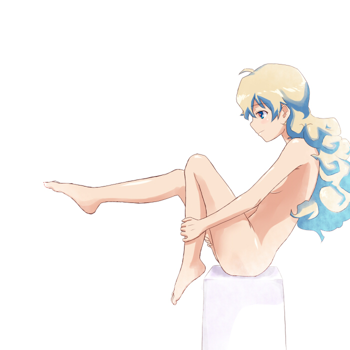 ashuku, futa (pixiv), nia teppelin, tengen toppa gurren lagann, 00s, 1girl, barefoot, blonde hair, blue hair, breasts, brown eyes, completely nude, curly hair, female focus, from side, long hair, multicolored hair, nude, simple background, small breasts, solo, two-tone hair, white background