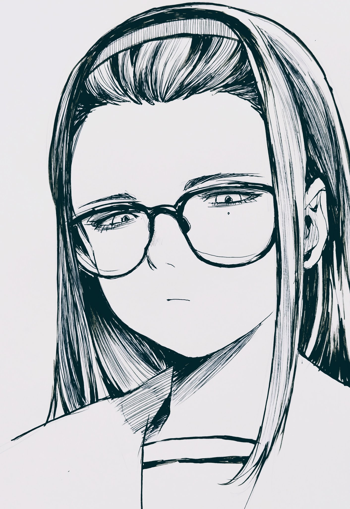 misaki toji, original, highres, 1girl, glass, headband, long hair, mole, mole under eye, monochrome, school uniform, white background