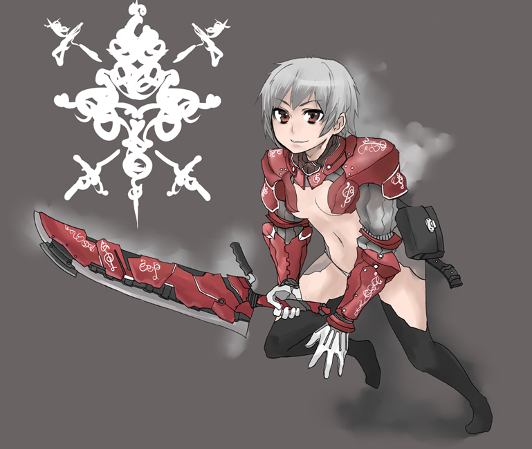 sigama, sigma (artist), silver hair, 1girl, armor, bag, breasts, female focus, short hair, solo, sword, weapon