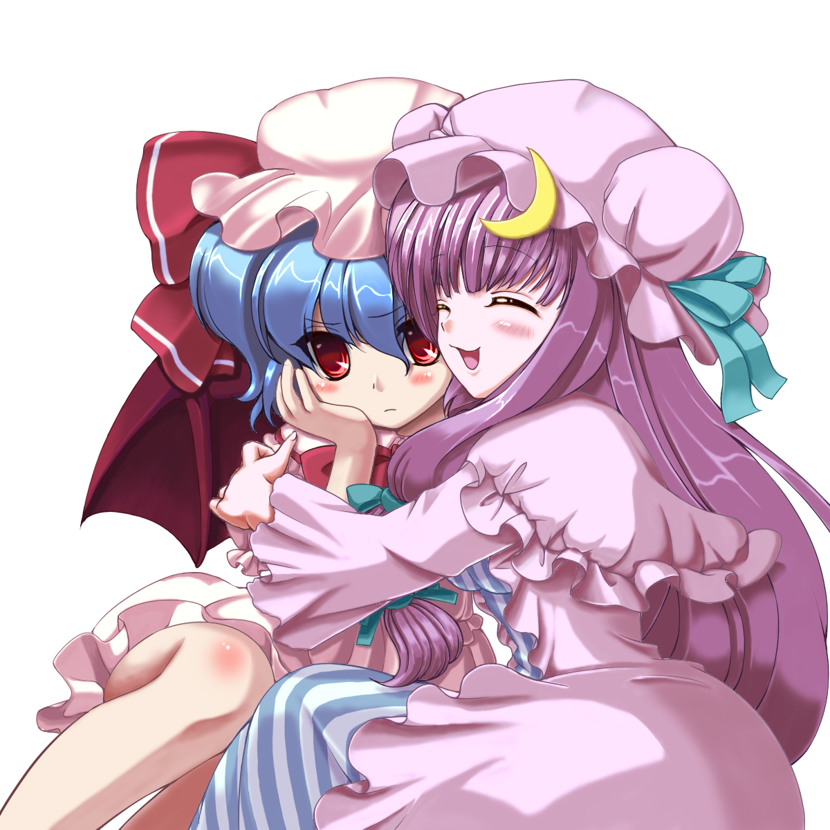 kino konomi, konomi (kino konomi), popi (pixiv), vi (ena0930), patchouli knowledge, remilia scarlet, team shanghai alice, touhou, bad id, bad pixiv id, colorized, highres, 2girls, bat wings, blue hair, blush, dress, female focus, happy, hat, hug, multiple girls, purple eyes, purple hair, wings