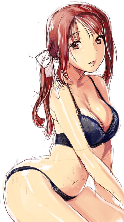 nekomata naomi, 1girl, black panties, bra, breasts, brown eyes, brown hair, cleavage, female focus, lingerie, long hair, looking at viewer, navel, panties, parted lips, ponytail, sketch, solo, underwear, underwear only