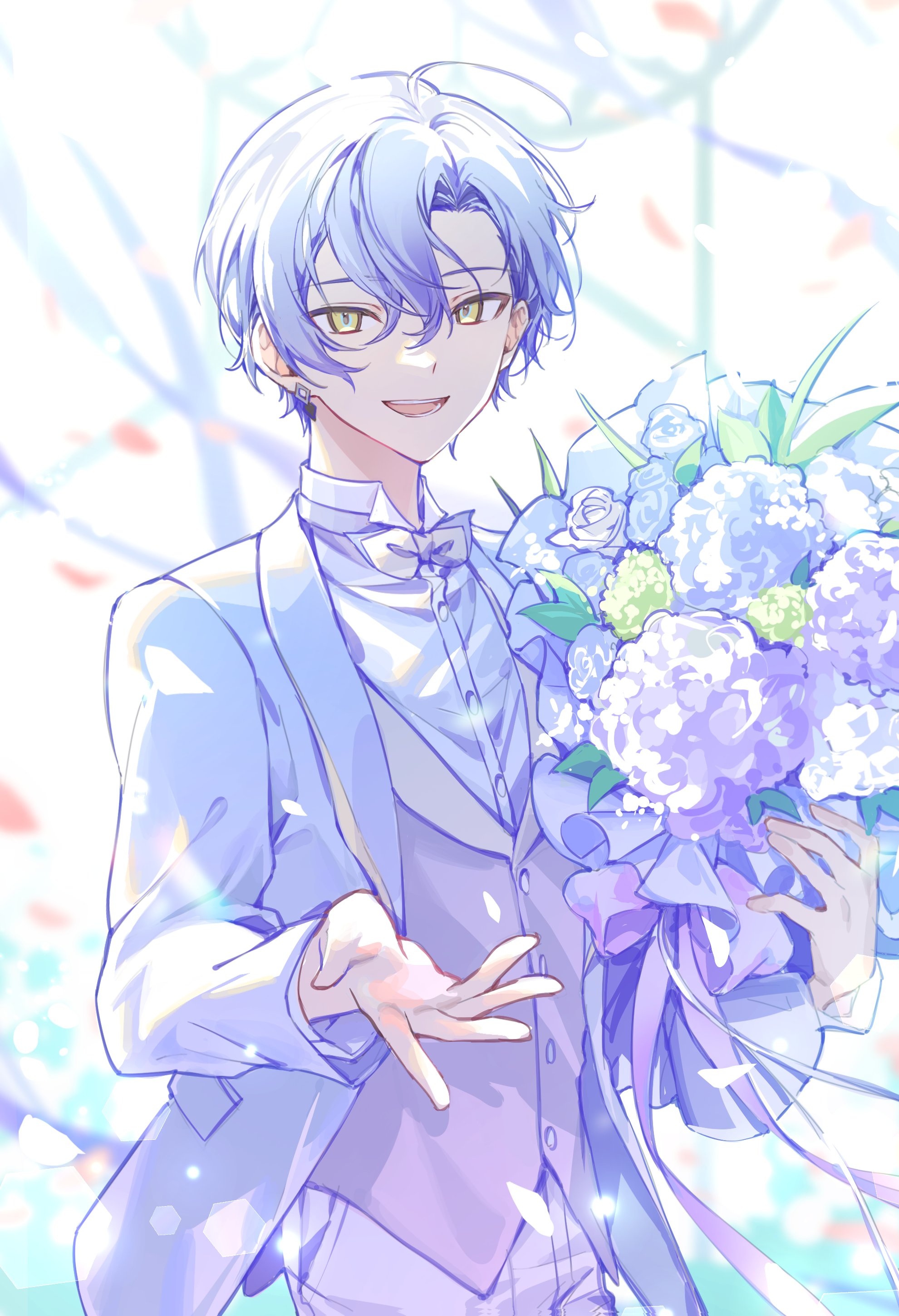 18trip, absurdres, highres, 1boy, blonde hair, blurry, blurry background, bouquet, bow, bowtie, cowboy shot, flower, formal clothes, grey bow, grey bowtie, grey vest, hair between eyes, hamunicetrip, holding, holding bouquet, jacket, male focus, oguro kafka, open clothes, open jacket, open mouth, outstretched arm, parted bangs, purple hair, short hair, smile, solo, suit, vest, waistcoat, white jacket