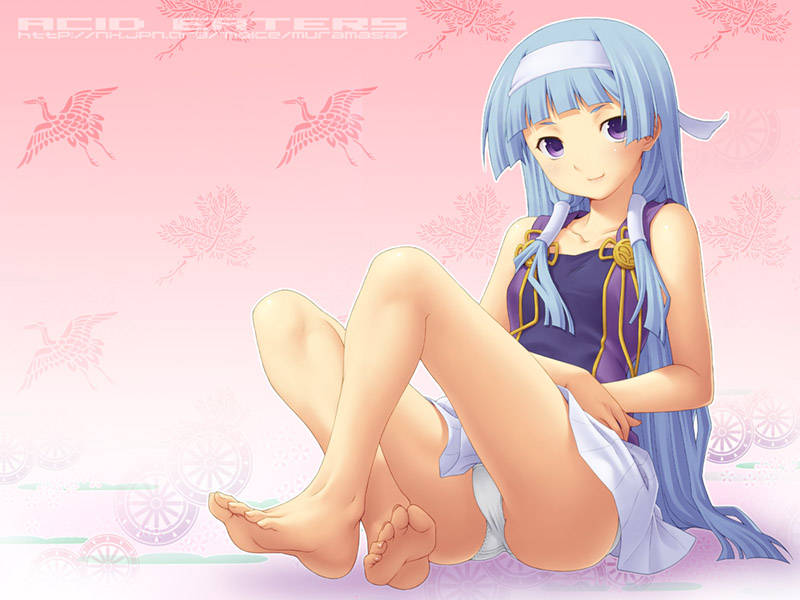 kazuma muramasa, nagi, kannagi, 00s, barefoot, blue hair, blunt bangs, hairband, long hair, panties, purple eyes, sitting, solo, underwear, white panties