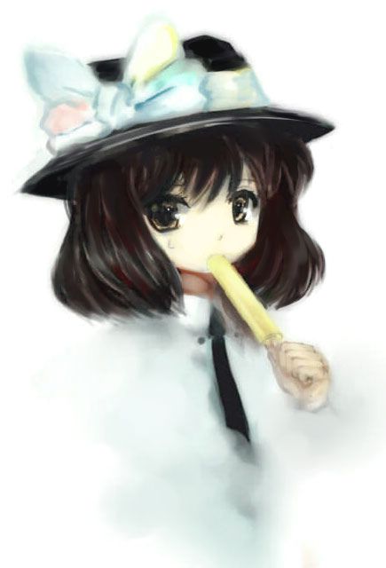amii, usami renko, ghostly field club, touhou, 1girl, am11, brown hair, female focus, food, hat, hat ribbon, necktie, popsicle, ribbon, solo, white background, yellow eyes