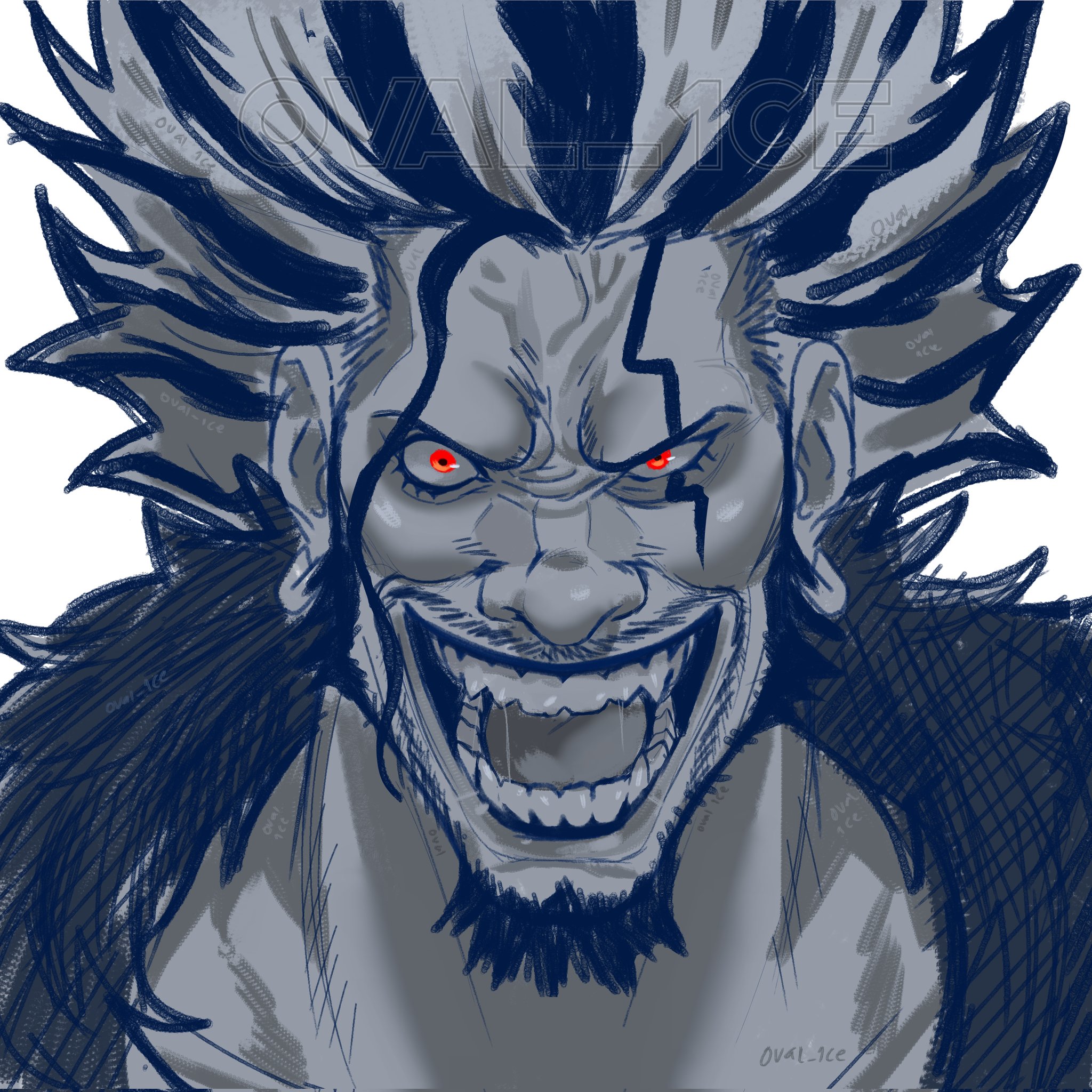 rocks d. xebec, one piece, commentary, highres, 1boy, beard, earrings, evil smile, eyelashes, facial hair, hair up, jewelry, looking at viewer, male focus, monochrome, multicolored hair, open mouth, oval 1ce, red eyes, simple background, smile, solo, spiked hair, spot color, twitter username, two-tone hair