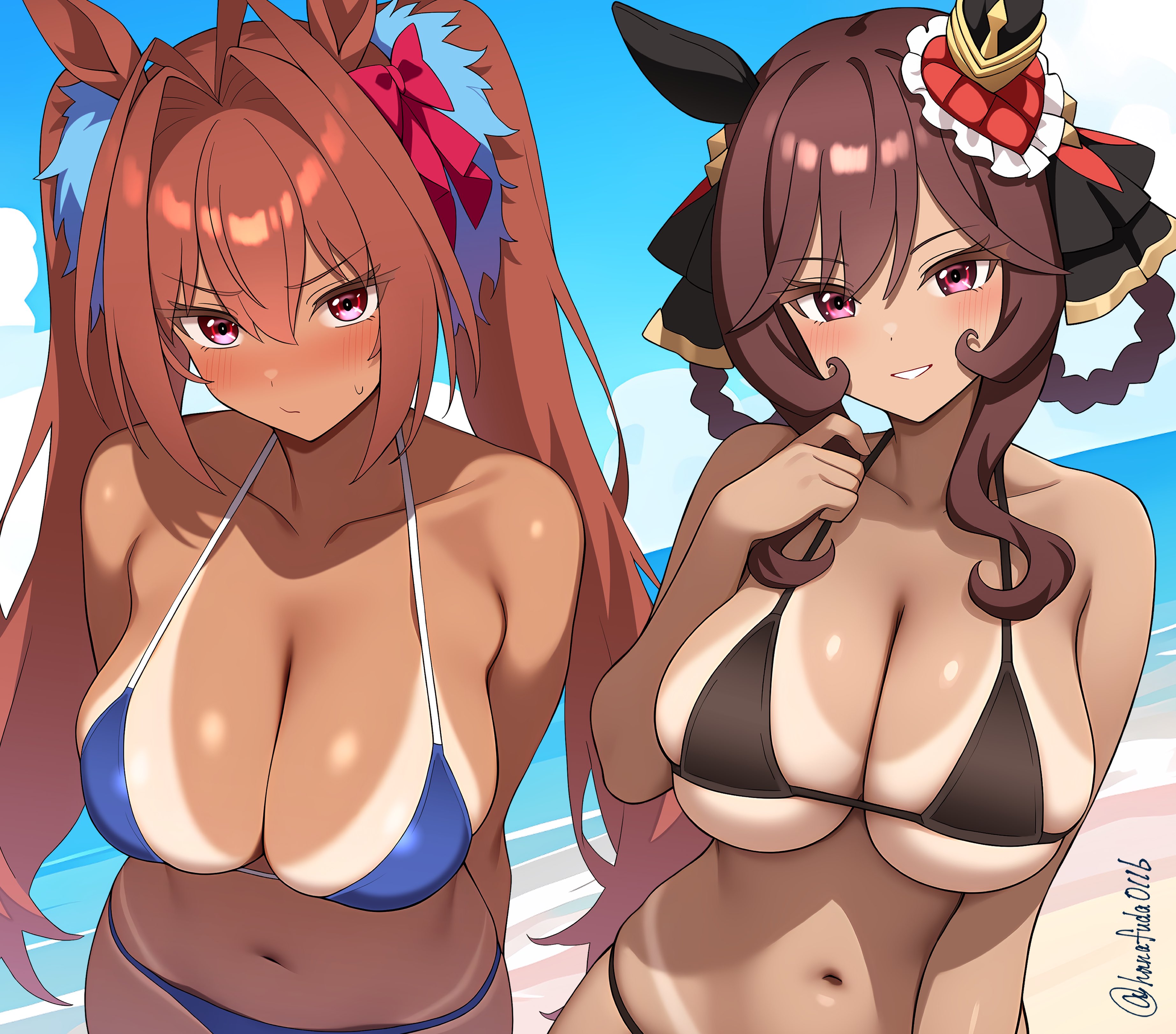 hanafuda (hanafuda0116), daiwa scarlet (umamusume), gentildonna (umamusume), umamusume, absurdres, commentary, highres, 2girls, animal ears, antenna hair, artist name, beach, bikini, blue sky, blush, breasts, brown hair, collarbone, day, horse ears, horse girl, large breasts, long hair, looking at viewer, multiple girls, navel, ocean, orange hair, outdoors, pink eyes, purple eyes, sky, smile, swimsuit, tan, tanline, upper body