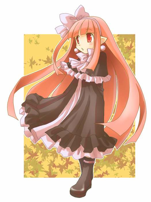 karina, mage (disgaea), disgaea, makai senki disgaea 3, autumn leaves, black boots, boots, dress, hair ribbon, leaf, long hair, pink eyes, pink hair, ribbon, solo, very long hair