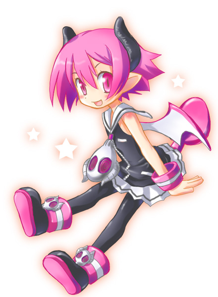 karina, raspberyl, disgaea, makai senki disgaea 3, 1girl, bat wings, blush, child, demon girl, female focus, horns, pantyhose, pink eyes, pink hair, sailor collar, short hair, skirt, solo, tail, white sailor collar, wings
