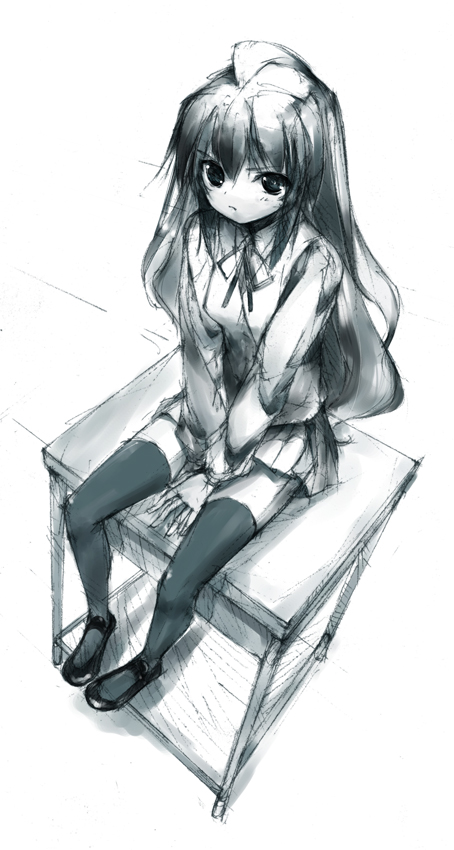 repair, aisaka taiga, toradora!, 00s, 1girl, aqua theme, blue theme, desk, female focus, full body, monochrome, school uniform, sketch, solo, thighhighs, zettai ryouiki