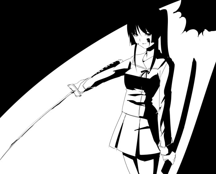 date (senpen), isayama yomi, ga-rei, ga-rei zero, 00s, blood, greyscale, high contrast, katana, long hair, monochrome, ponytail, school uniform, serafuku, solo, sword, weapon