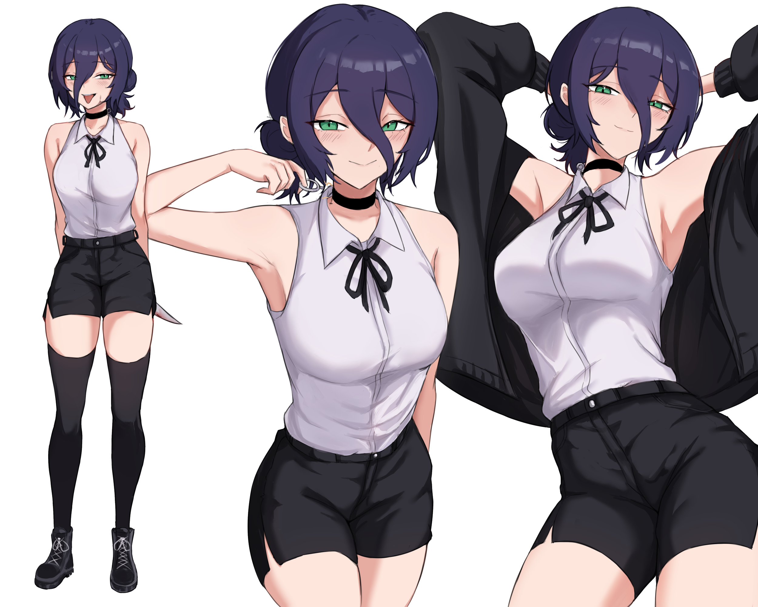 fangs (fangs art), reze (chainsaw man), chainsaw man, highres, 1girl, arms up, black choker, black jacket, black ribbon, black shorts, black thighhighs, blue hair, breasts, choker, closed mouth, collarbone, green eyes, hair between eyes, holding, holding knife, jacket, knife, large breasts, looking at viewer, multiple views, neck ribbon, ribbon, shirt, shirt tucked in, short shorts, shorts, simple background, sleeveless, smile, thighhighs, tongue, tongue out, white background, white shirt