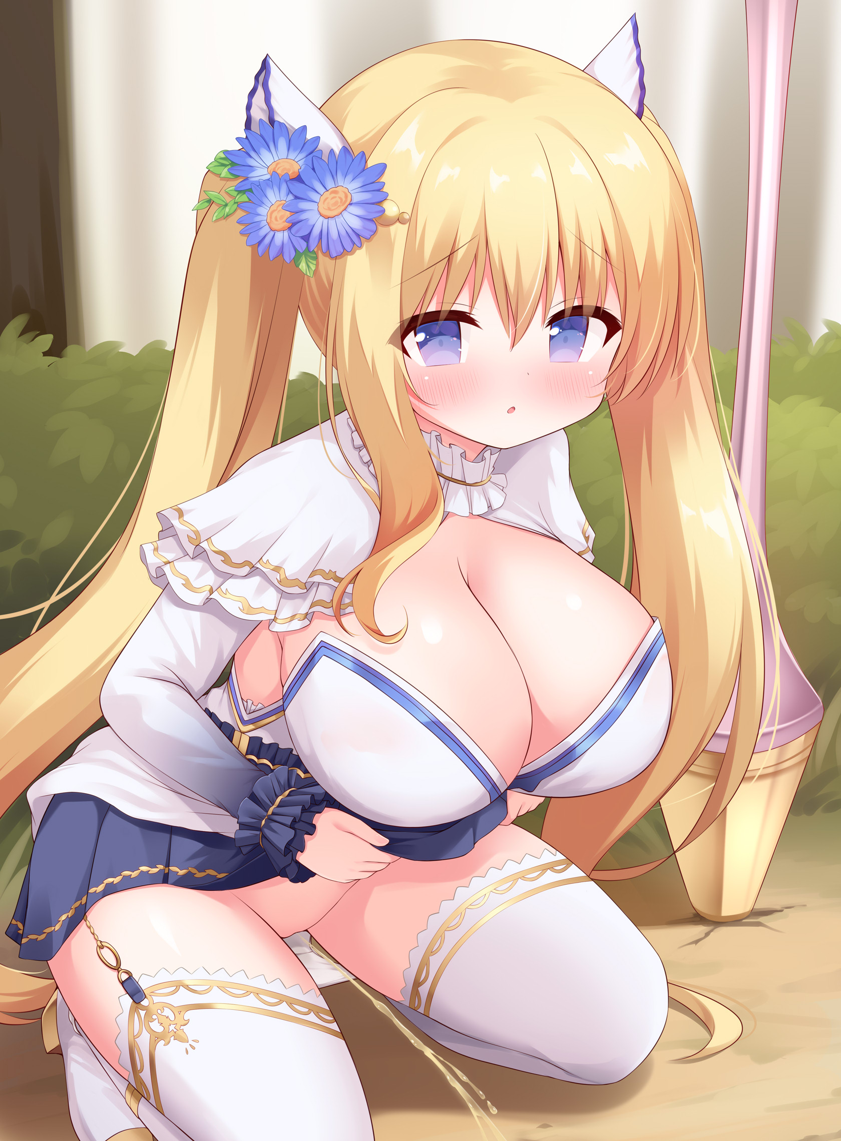 yuu (yumezakura), lydia (iris mysteria!), iris mysteria!, highres, 1girl, black sleeves, blonde hair, blue corset, blue eyes, blue skirt, blush, bow, breasts, capelet, cleavage, corset, detached sleeves, flower, garter straps, gradient sleeves, hair bow, hair flower, hair ornament, huge breasts, off-shoulder shirt, off shoulder, official alternate costume, panties, panty pull, peeing, pleated skirt, shirt, skirt, solo, squatting, thighhighs, twintails, underwear, white bow, white capelet, white panties, white shirt, white sleeves, white thighhighs