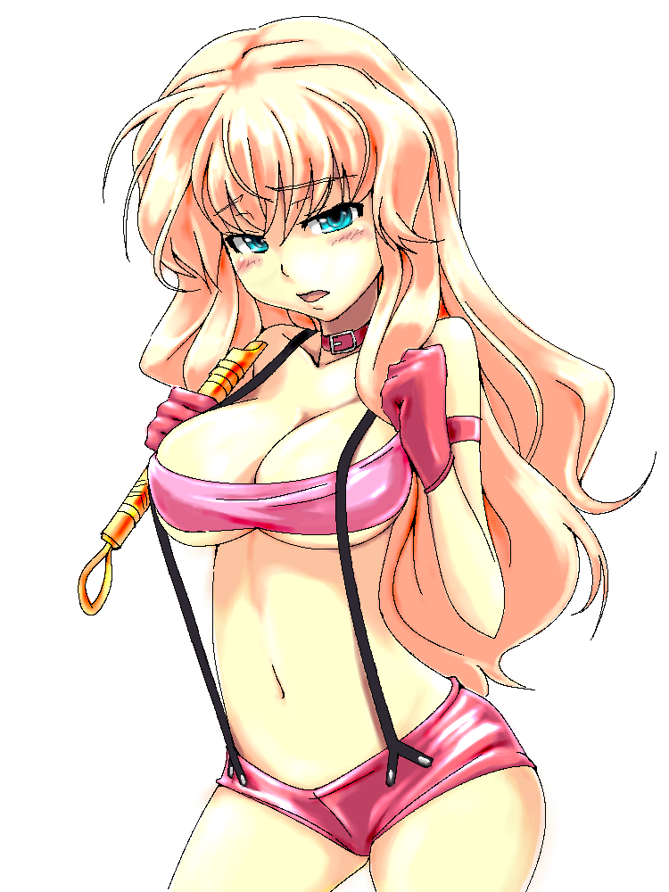 grune, haruyuki, sheryl nome, macross, macross frontier, 00s, aqua eyes, bikini, blonde hair, blush, breasts, choker, gloves, large breasts, long hair, open mouth, pink bikini, simple background, solo, standing, swimsuit
