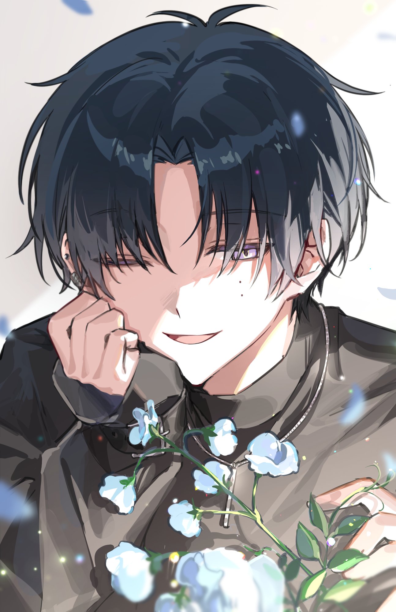 18trip, highres, 1boy, black hair, black shirt, blue flower, flower, hair between eyes, hamunicetrip, hand rest, looking at viewer, male focus, mole, mole under eye, multiple moles, murakumo ten, one eye closed, open mouth, parted bangs, portrait, shirt, simple background, smile, solo, white background