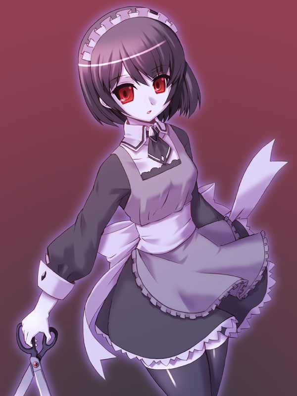 yukimura tsubame, rosemary, yuukyuu no sharin, 1girl, black thighhighs, brown hair, female focus, maid, pale skin, red eyes, scissors, short hair, solo, thighhighs, zettai ryouiki