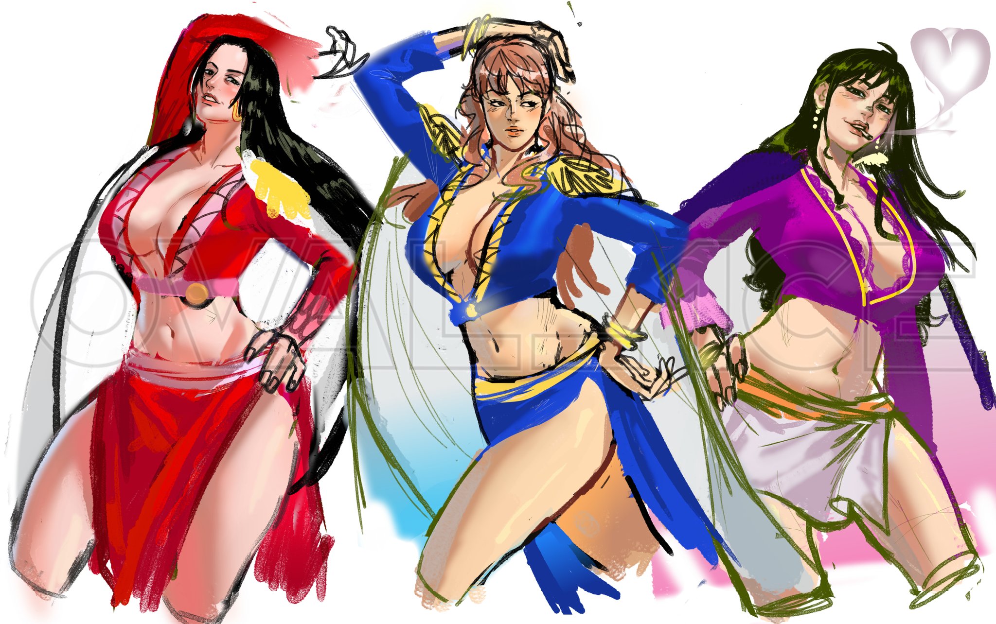 boa hancock, gloriosa (one piece), shakuyaku (one piece), one piece, highres, unfinished, 3girls, aged down, blue skirt, blunt bangs, bracelet, breasts, cape, cigarette, cleavage, cowboy shot, earrings, epaulettes, hand up, heart, jewelry, large breasts, long hair, long sleeves, looking at viewer, looking to the side, midriff, miniskirt, multiple girls, navel, oval 1ce, pink hair, red skirt, sidelocks, simple background, skirt, snake earrings, white background, white cape