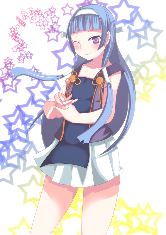 johnny funamushi, nagi, kannagi, 00s, blue hair, blunt bangs, hairband, long hair, one eye closed, wink