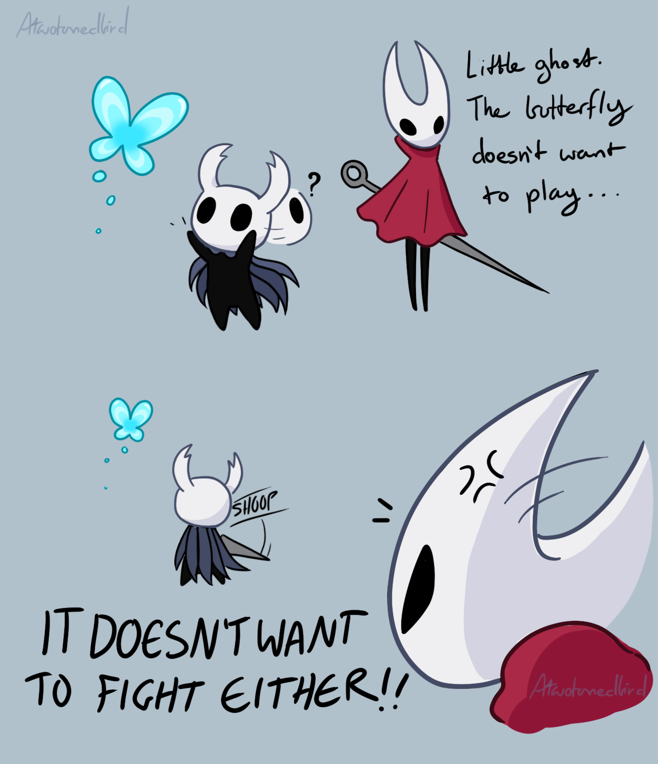 hornet (hollow knight), knight (hollow knight), hollow knight, commentary, english commentary, highres, 1girl, 1other, ?, afterimage, anger vein, angry, arthropod girl, artist name, atwotonedbird, black skin, blue background, blue butterfly, bug, butterfly, cloak, colored skin, english text, grey cloak, hollow eyes, horned mask, insect, mask, nail (hollow knight), needle (hollow knight), red cloak, simple background, white mask