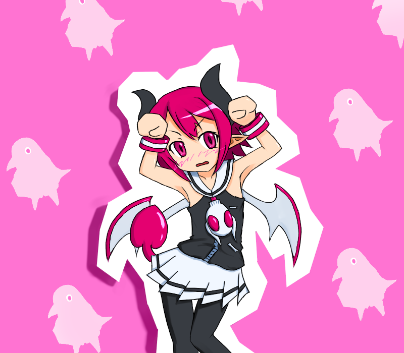 ettona, prinny, raspberyl, disgaea, makai senki disgaea 3, 1girl, bat wings, blush, caramelldansen, female focus, horns, pantyhose, pink eyes, pink hair, skirt, solo, tail, wings