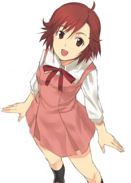 mizuki makoto, aoba tsugumi, kannagi, black legwear, 00s, 1girl, :d, brown eyes, brown hair, female focus, looking at viewer, open mouth, school uniform, serafuku, smile, solo, standing, swept bangs, white background