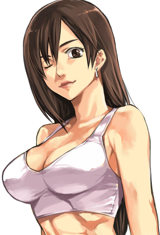muto's, tifa lockhart, final fantasy, final fantasy vii, bad id, bad pixiv id, 1990s (style), 1girl, abs, breasts, brown eyes, brown hair, cleavage, earrings, female focus, jewelry, large breasts, lips, long hair, muscular, one eye closed, retro artstyle, simple background, solo, swept bangs, tank top, white background, wink