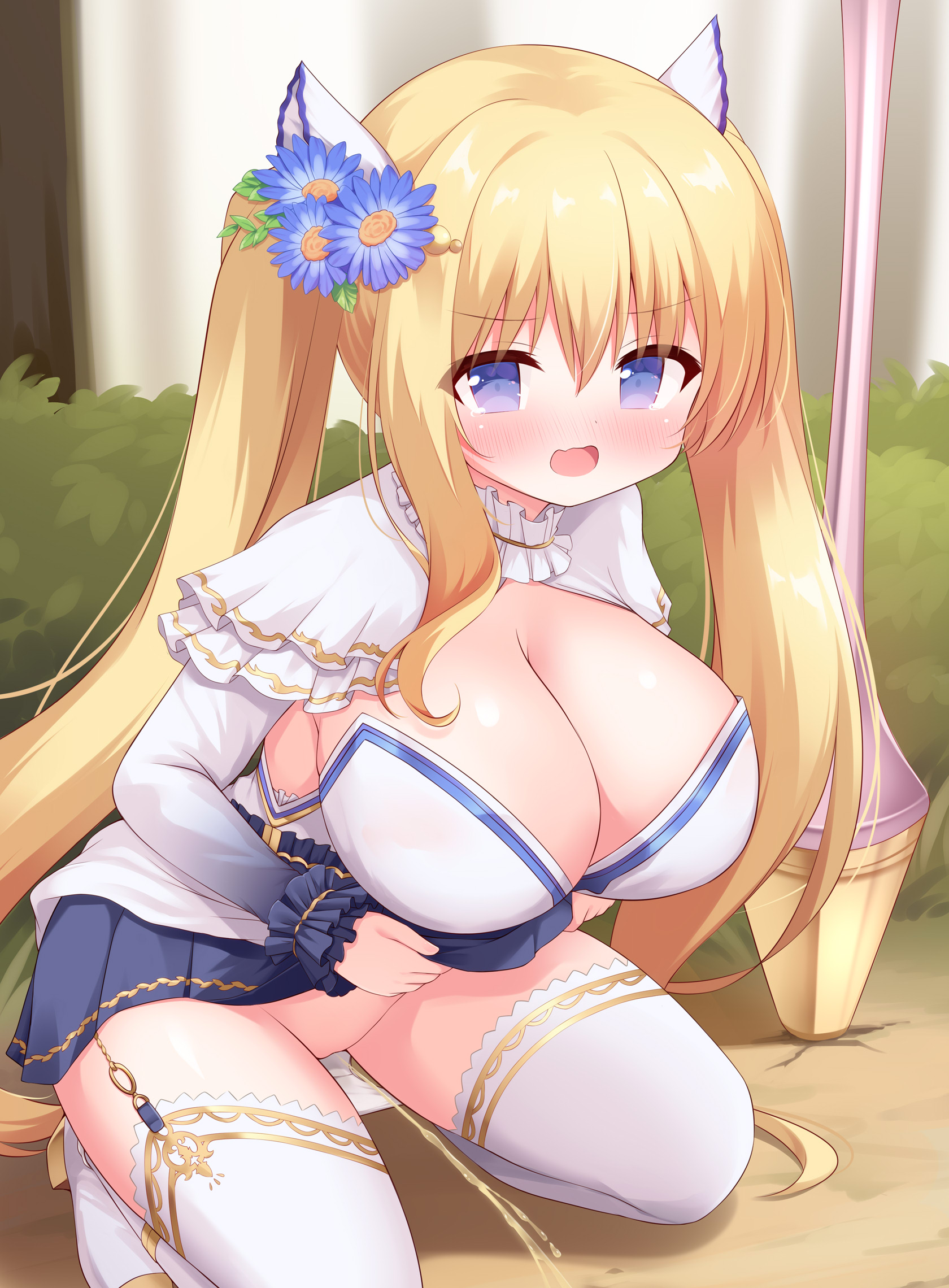 yuu (yumezakura), lydia (iris mysteria!), iris mysteria!, highres, 1girl, black sleeves, blonde hair, blue corset, blue eyes, blue skirt, blush, bow, breasts, capelet, caught, cleavage, corset, detached sleeves, embarrassed, flower, garter straps, gradient sleeves, hair bow, hair flower, hair ornament, huge breasts, off-shoulder shirt, off shoulder, official alternate costume, panties, panty pull, peeing, pleated skirt, shirt, skirt, solo, squatting, thighhighs, twintails, underwear, white bow, white capelet, white panties, white shirt, white sleeves, white thighhighs