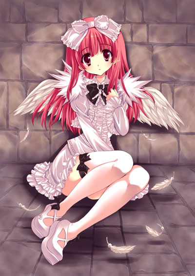 yukiwo, windia (deathsmiles), cave (developer), deathsmiles, original, 1girl, angel wings, bow, dress, feathers, female focus, frills, gothic lolita, hair bow, legs, lolita fashion, pink eyes, pink hair, short dress, sitting, solo, thighhighs, white thighhighs, wings