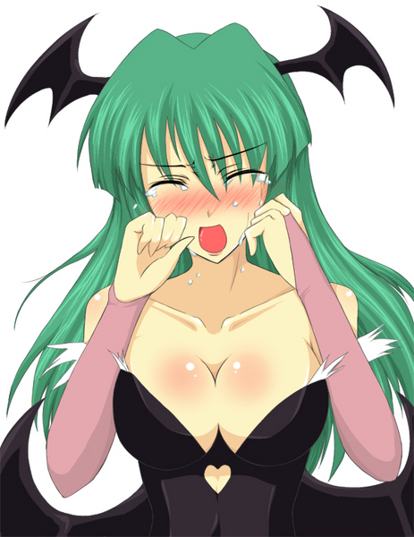 morrigan aensland, capcom, darkstalkers, non-web source, 1girl, bat wings, blush, breasts, cleavage, closed eyes, crying, elbow gloves, female focus, gloves, green hair, head wings, long hair, solo, tears, wings