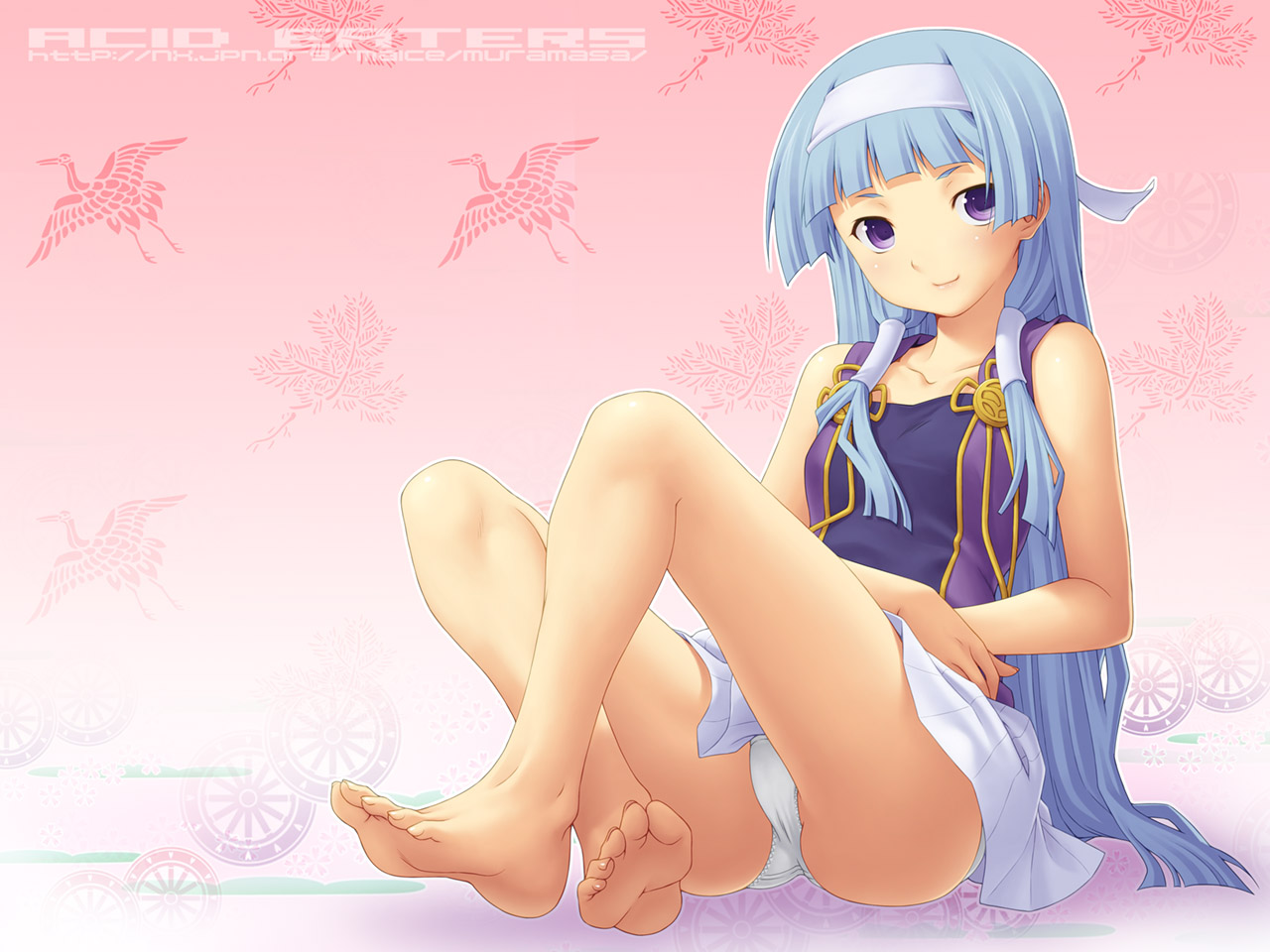 kazuma muramasa, nagi, kannagi, 00s, 1girl, barefoot, blue hair, blunt bangs, feet, female focus, hair tubes, hairband, long hair, panties, purple eyes, sitting, solo, toes, underwear, white panties