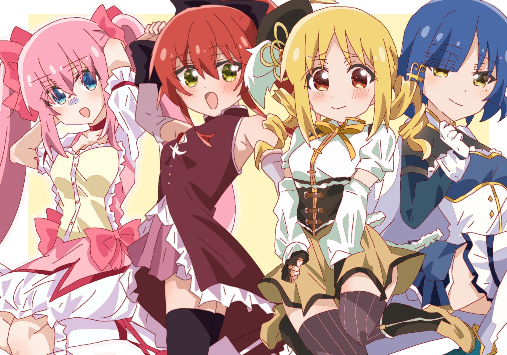 tutanai, gotoh hitori, ijichi nijika, kaname madoka, kita ikuyo, miki sayaka, sakura kyoko, tomoe mami, yamada ryo, bocchi the rock!, mahou shoujo madoka magica, highres, 4girls, armpit peek, blonde hair, blue eyes, blue hair, blush, border, bow, cosplay, detached sleeves, drill hair, fingerless gloves, fortissimo, gloves, hair bow, hair ornament, kaname madoka (cosplay), long hair, looking at viewer, magical girl, miki sayaka (cosplay), multiple girls, musical note, musical note hair ornament, open mouth, orange eyes, pink hair, red hair, sakura kyoko (cosplay), short hair, simple background, skirt, smile, thighhighs, tomoe mami (cosplay), twintails, white border, yellow background, yellow eyes