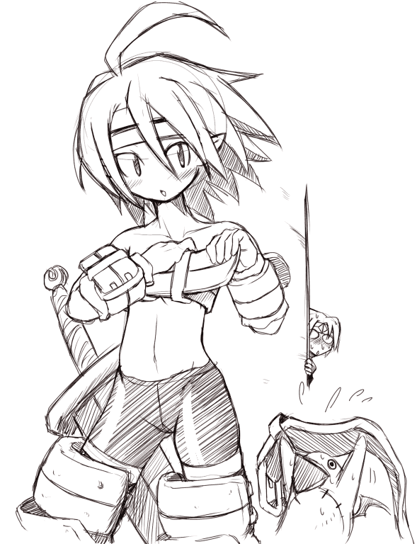 hirono mamoru, female warrior (disgaea), male warrior (disgaea), prinny, warrior (disgaea), disgaea, bad id, bad pixiv id, 1girl, belt bra, bike shorts, blush, female focus, greyscale, monochrome, peeking, short hair, shorts, solo, sword, undressing, voyeurism, weapon