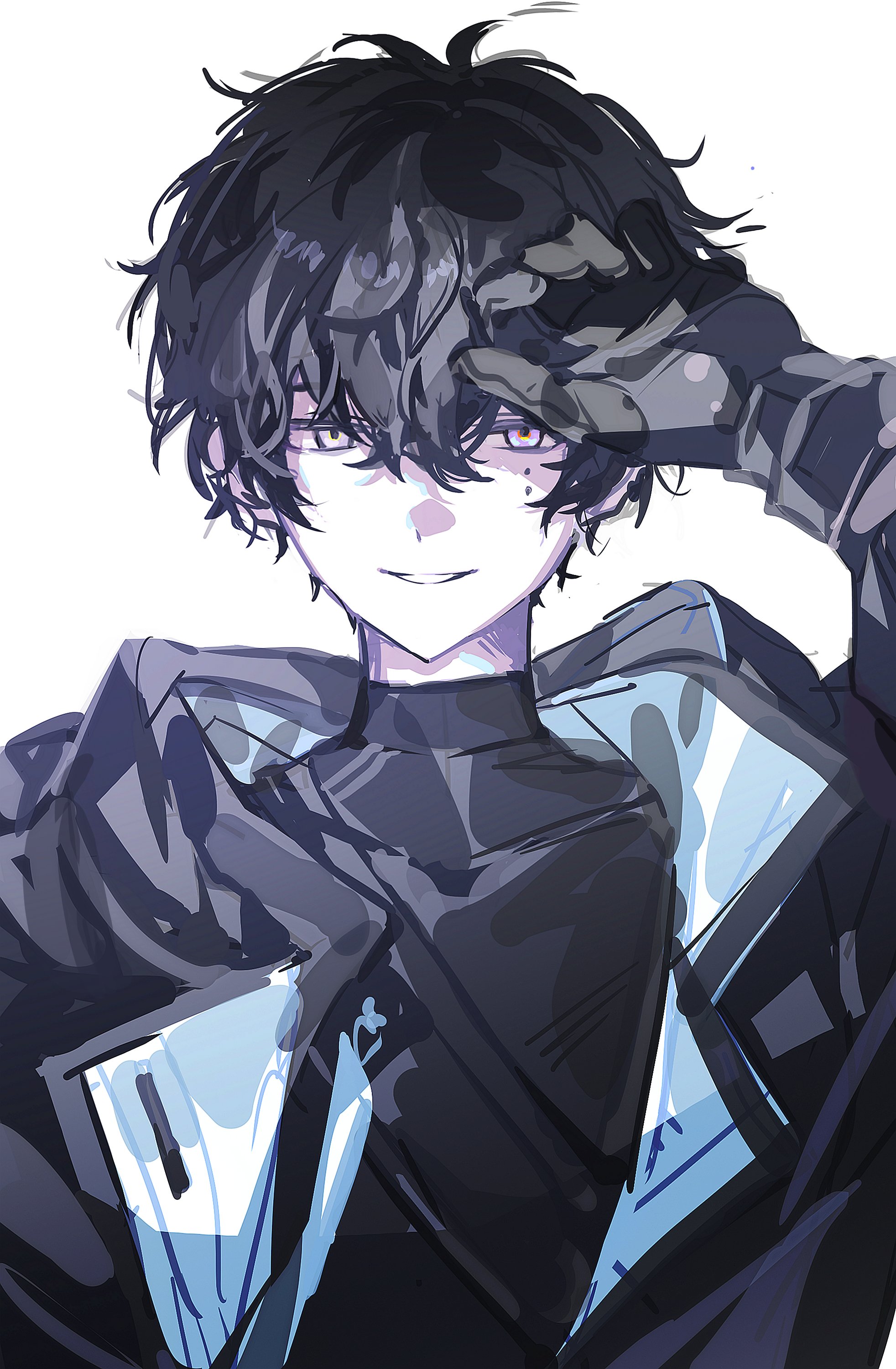 18trip, absurdres, highres, 1boy, arm up, black hair, black jacket, black shirt, hair between eyes, hamunicetrip, jacket, long sleeves, male focus, mole, mole under eye, multiple moles, murakumo ten, open clothes, open jacket, shirt, short hair, simple background, sketch, turtleneck, upper body, white background